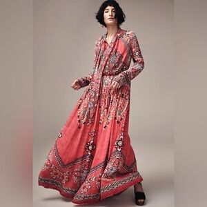 Hemant & Nandita Maxi Dress Womens XS Red Pink Paisley Print Boho Long Sleeve